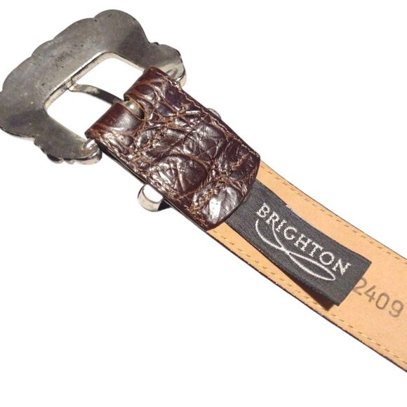 Brighton Belt Brown Croc Embossed Leather Silver Heart Conchos Small USA Vintage - Picture 12 of 16